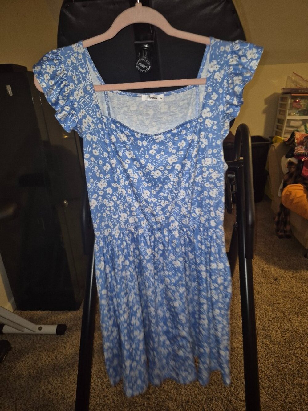 Loemes Blue Floral Ruffle Sleeve Mini Dress with Pockets Size Large